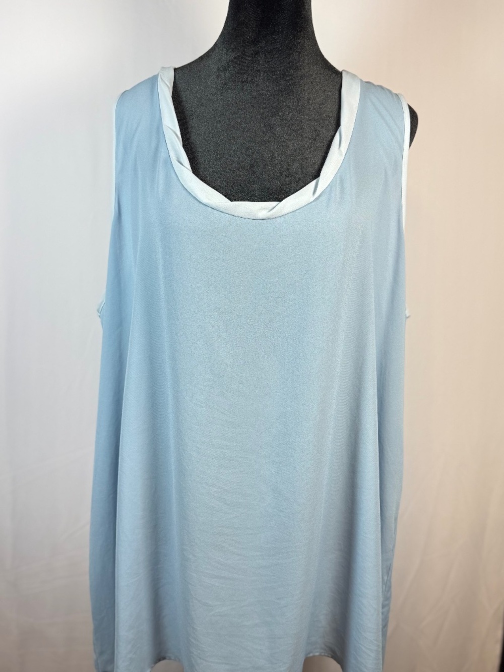 Bellatrix dressy tank top, baby blue with light blue neck and sleeve trim; 1X